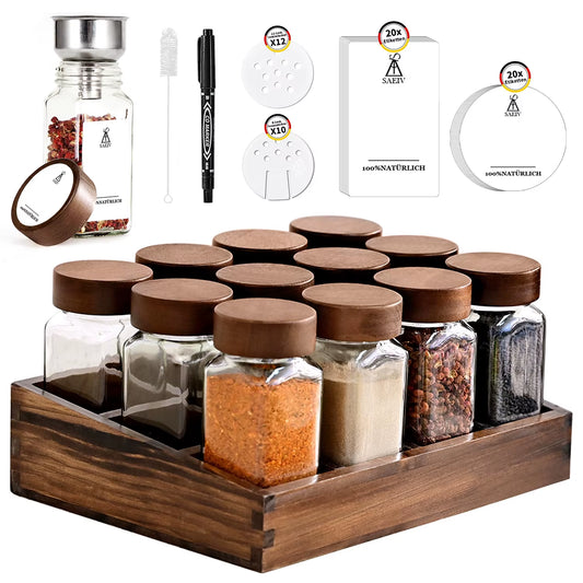 Acacia Wood Spice Rack with 12/24X120Ml Spice Jars & Labels | Kitchen Organiser, Easy to Move for Storing Spices