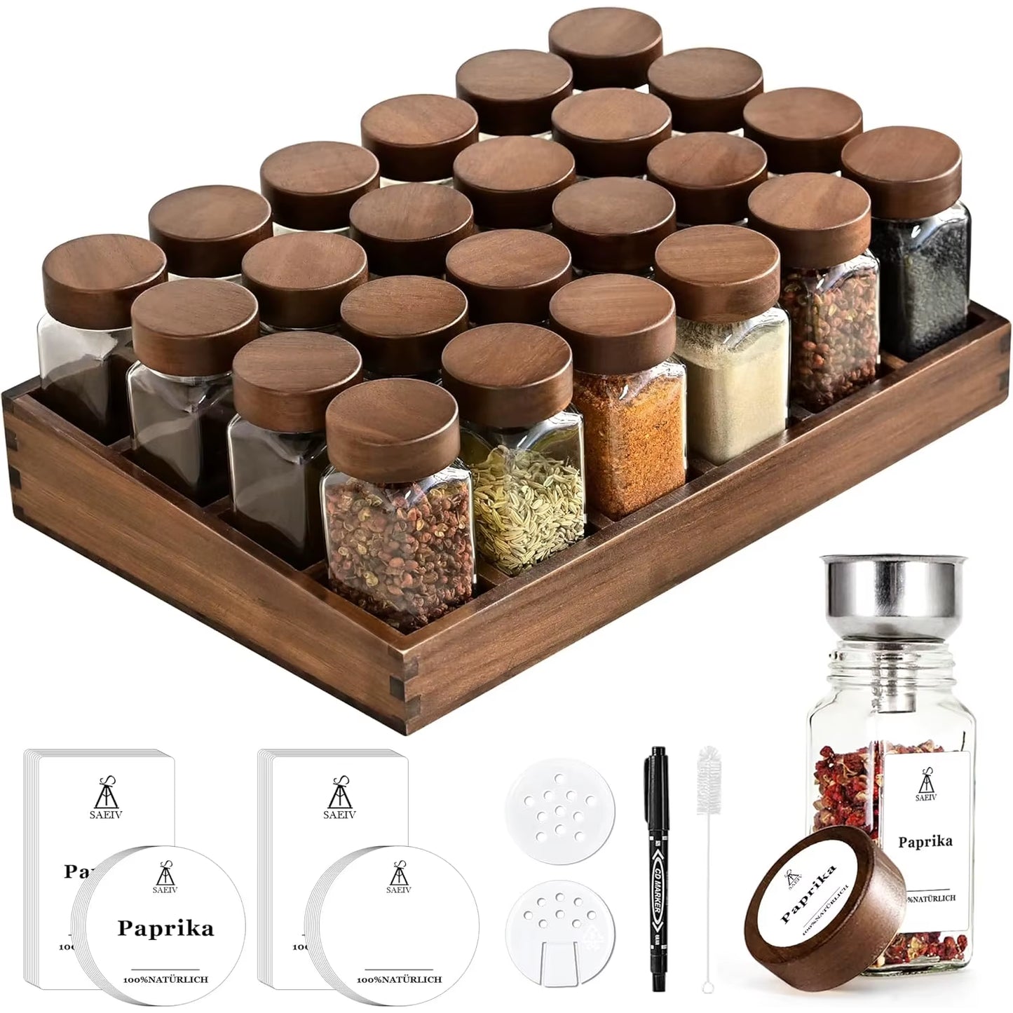 Acacia Wood Spice Rack with 12/24X120Ml Spice Jars & Labels | Kitchen Organiser, Easy to Move for Storing Spices