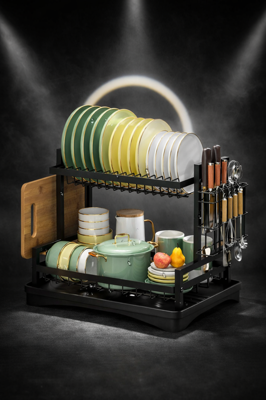 Abtropfgestell, 2-Stufiges, Rostfreies Abtropfgestell Mit Abtropfschale Und Utensilienhalter Mit 360 ° Abflussbrett-Set Mit Drehbarem Auslauf