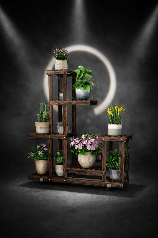 6-Stufiger Pflanzenständer Aus Holz, Vertikal Karbonisiert, Mehrere Halterungen Für Drinnen Und Draußen, Terrasse