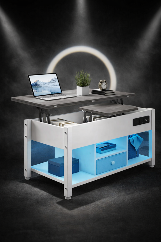 Weißer Und Grauer 4-In-1-Couchtisch – Höhenverstellbar, Wandelt Sich Um Einen Esstisch Mit Stauraum Und Led-Beleuchtung Um