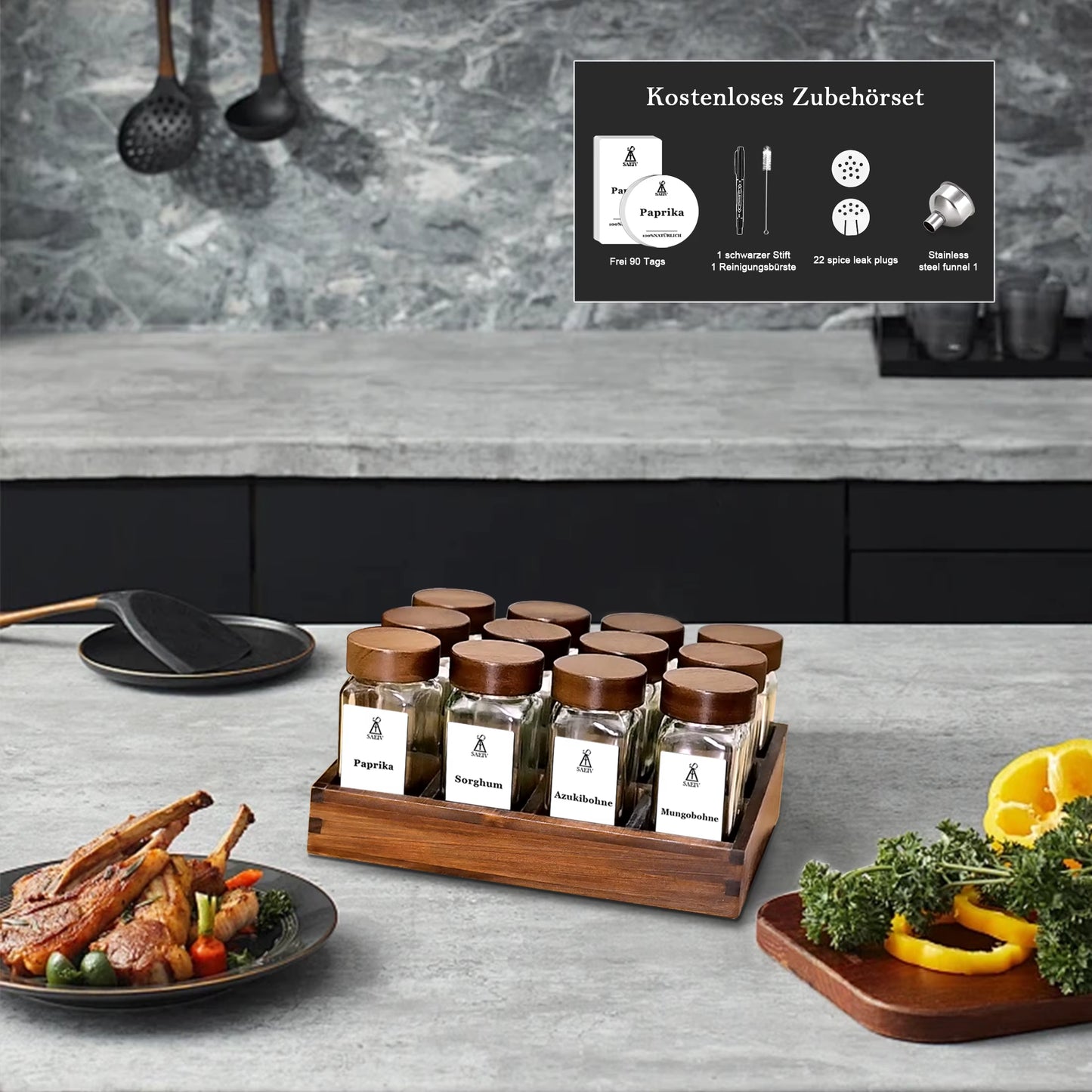 Acacia Wood Spice Rack with 12/24X120Ml Spice Jars & Labels | Kitchen Organiser, Easy to Move for Storing Spices