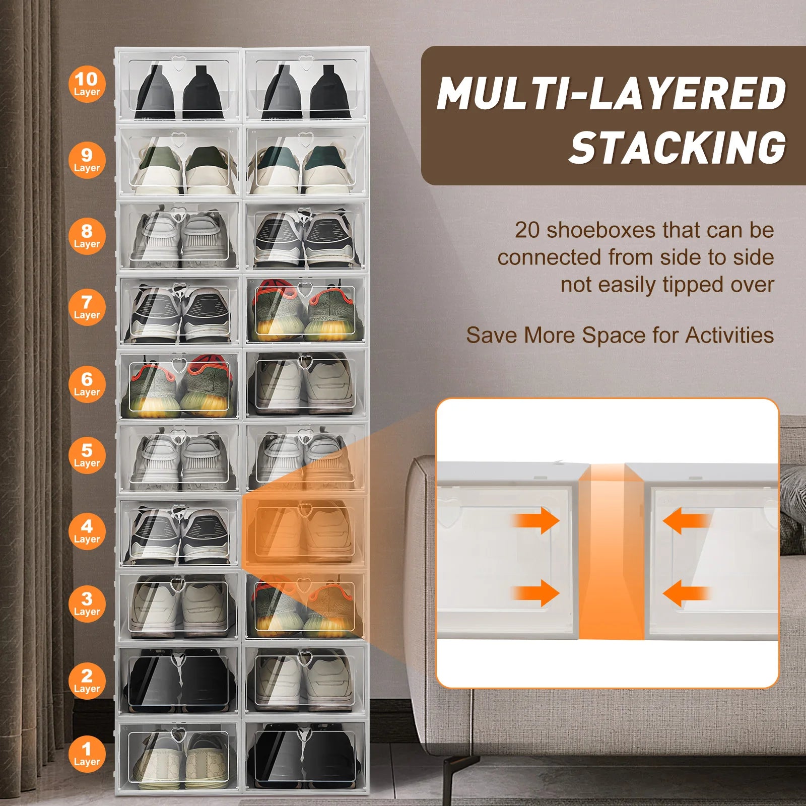 20Er-Pack Faltbarer Schuhkarton-Organizer, Stapelbar, Durchsichtiger Kunststoff, Sneaker-Schuhvitrine, Organizer, Behälter Für Den Schrank