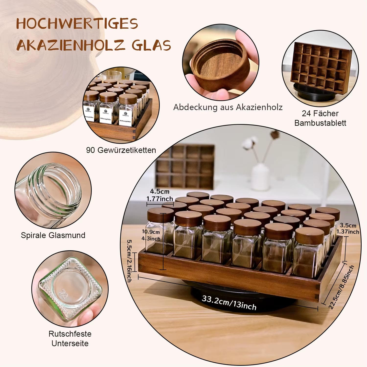 Acacia Wood Spice Rack with 12/24X120Ml Spice Jars & Labels | Kitchen Organiser, Easy to Move for Storing Spices