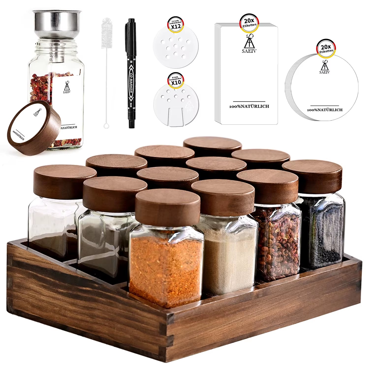 Acacia Wood Spice Rack with 12/24X120Ml Spice Jars & Labels | Kitchen Organiser, Easy to Move for Storing Spices
