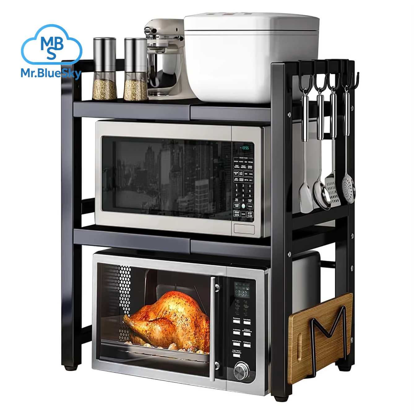 Erweiterbares Mikrowellenherdregal, 2-Stufiges Mikrowellenregal, Mit 6 Haken, Verstellbare Breite, Küchentheke-Organizer, Regalständer