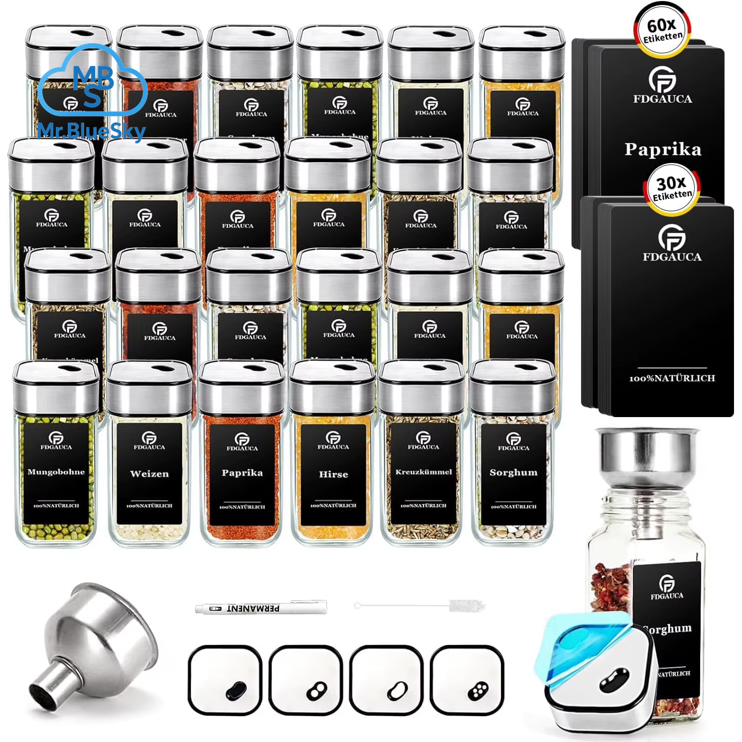 6/12/24 Stück Gewürzgläser Aus Glas Mit 360° ° Rotierende Deckel, 120 Ml Gewürzflaschen Mit Schwarzen Etiketten, Trichter, Bürste Zum Organisieren Von Gewürzen