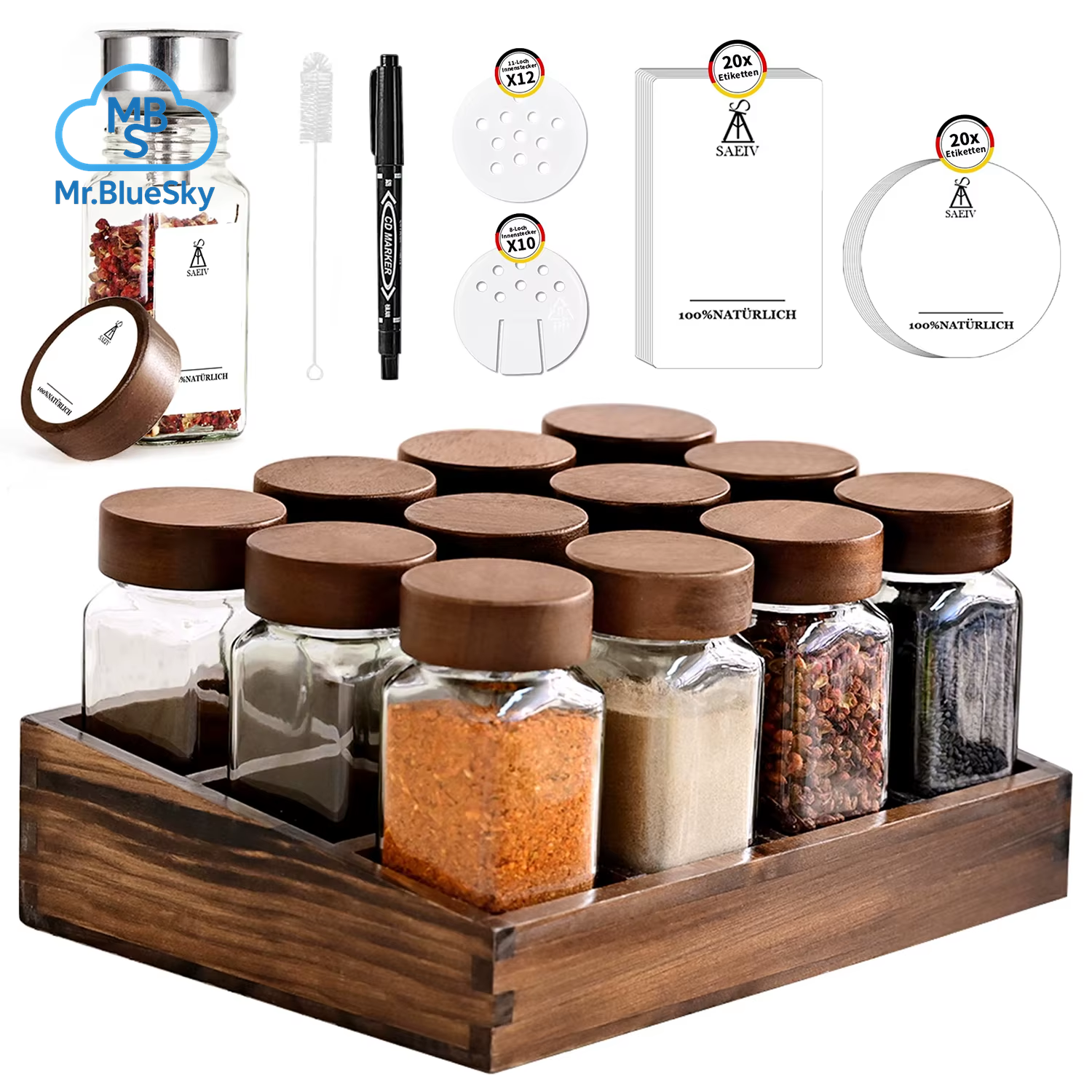 Gewürzregal Aus Akazienholz Mit 12/24 X 120 Ml Gewürzgläsern Und Etiketten | Küchen-Organizer, Leicht Zu Bewegen, Um Gewürze Zu Bewegen