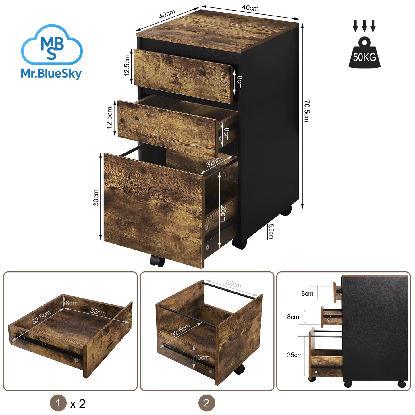 40 X 70 X 40 Cm Mobiler Aktenschrank Für Hebelbogen-Ordner, Büro-Organizer, Aufbewahrung Mit 3 Schubladen, Rollen, Rollschrank