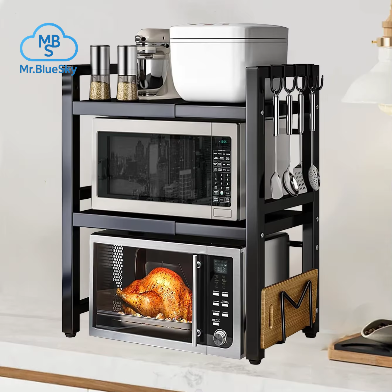 Erweiterbares Mikrowellenherdregal, 2-Stufiges Mikrowellenregal, Mit 6 Haken, Verstellbare Breite, Küchentheke-Organizer, Regalständer