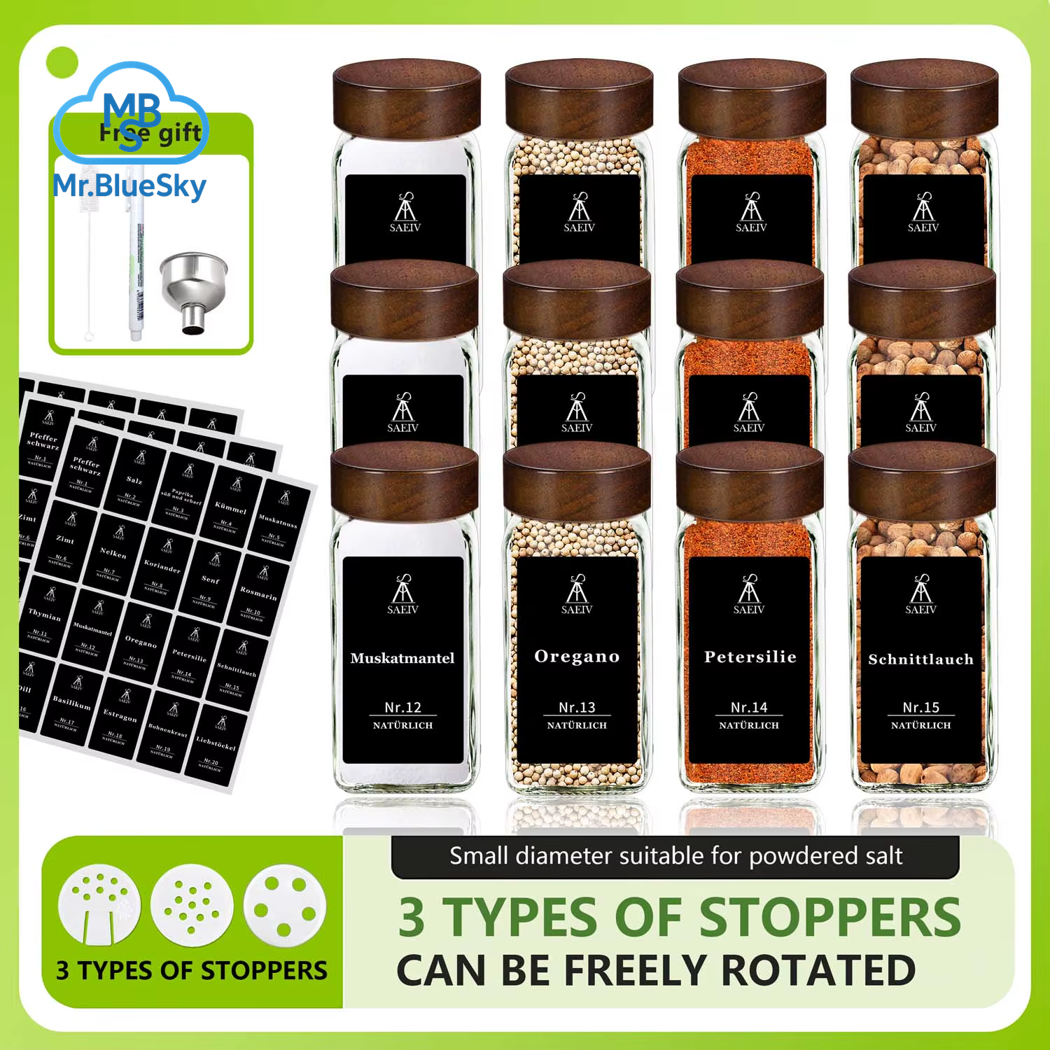 12/24 Stück Akazienholz Gewürzglas Deckel Quadratisch Set, 120Ml Glas Gewürzglas Mit Gewürzetikett