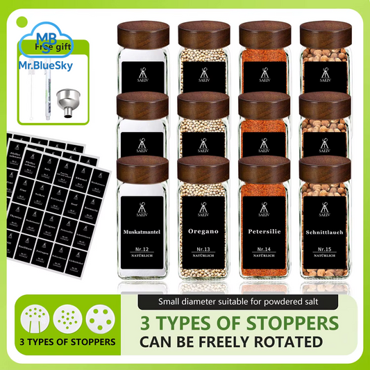 12/24 Stück Akazienholz Gewürzglas Deckel Quadratisch Set, 120Ml Glas Gewürzglas Mit Gewürzetikett