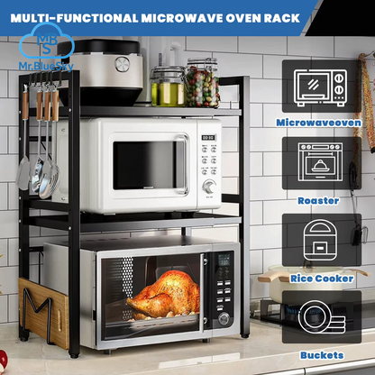 Erweiterbares Mikrowellenherdregal, 2-Stufiges Mikrowellenregal, Mit 6 Haken, Verstellbare Breite, Küchentheke-Organizer, Regalständer
