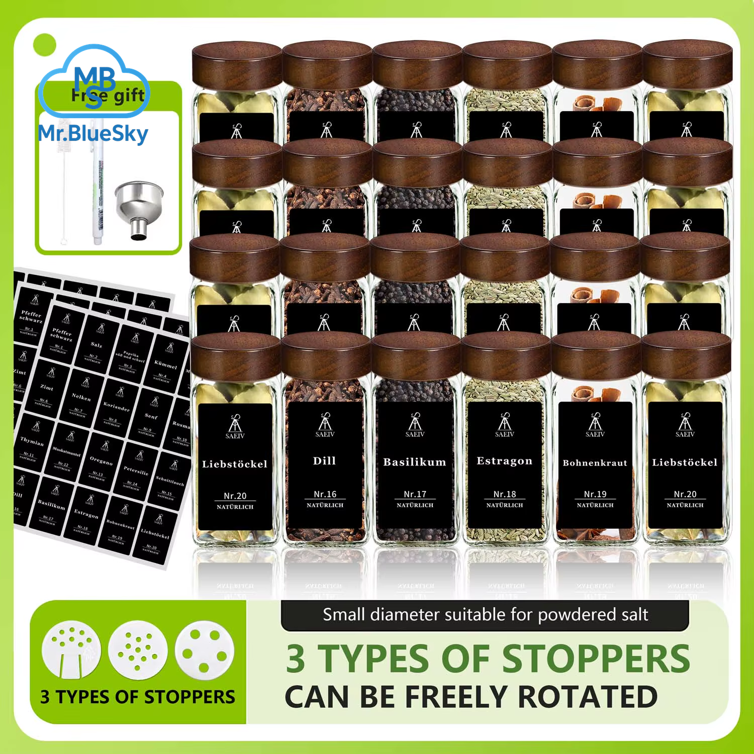 12/24 Stück Akazienholz Gewürzglas Deckel Quadratisch Set, 120Ml Glas Gewürzglas Mit Gewürzetikett