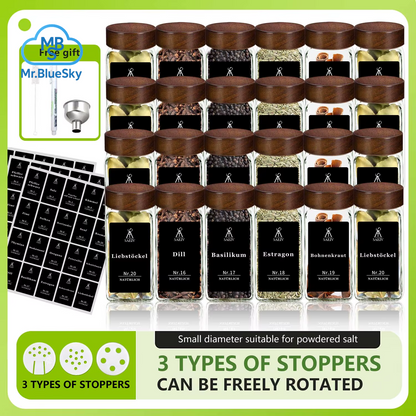 12/24 Stück Akazienholz Gewürzglas Deckel Quadratisch Set, 120Ml Glas Gewürzglas Mit Gewürzetikett