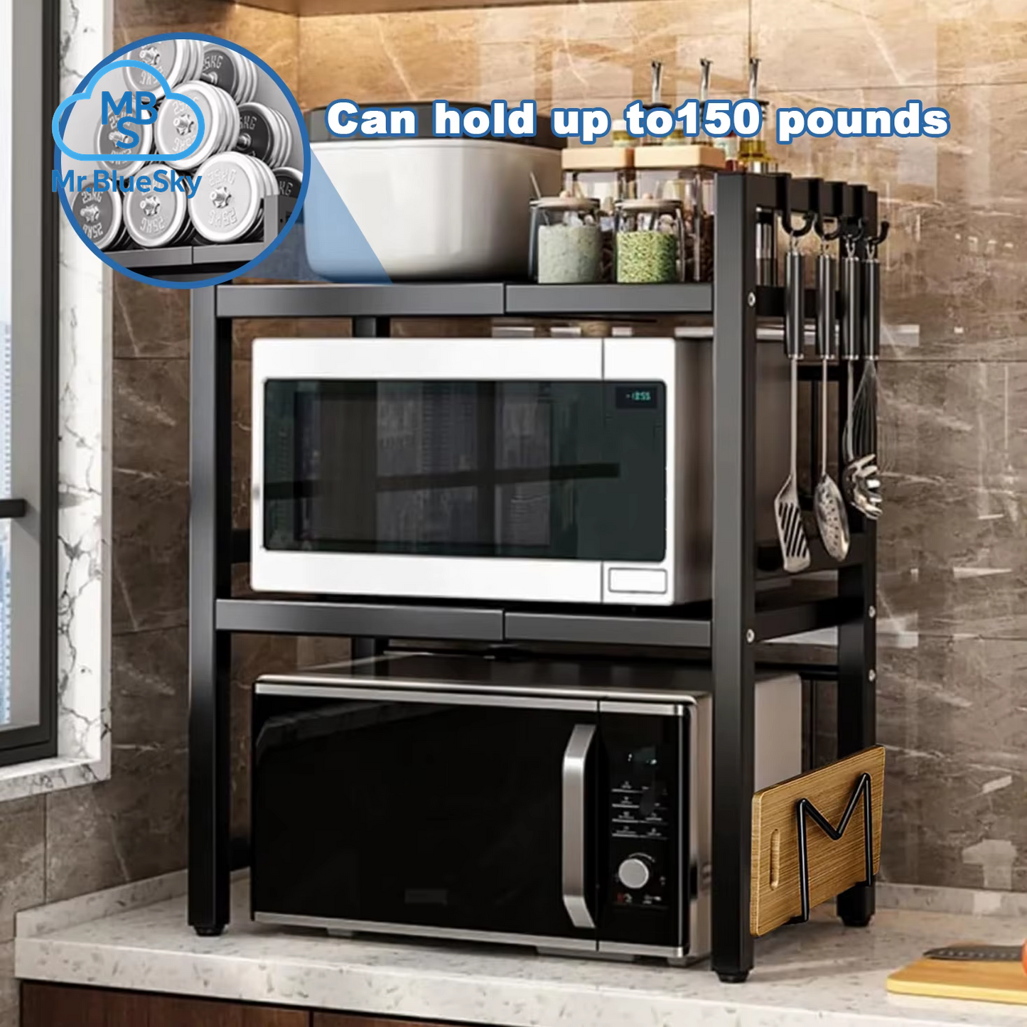 Erweiterbares Mikrowellenherdregal, 2-Stufiges Mikrowellenregal, Mit 6 Haken, Verstellbare Breite, Küchentheke-Organizer, Regalständer