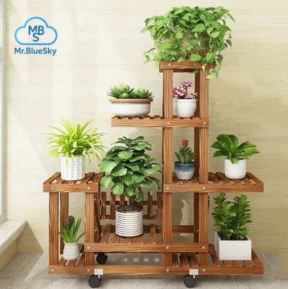 6-Stufiger Pflanzenständer Aus Holz, Vertikal Karbonisiert, Mehrere Halterungen Für Drinnen Und Draußen, Terrasse