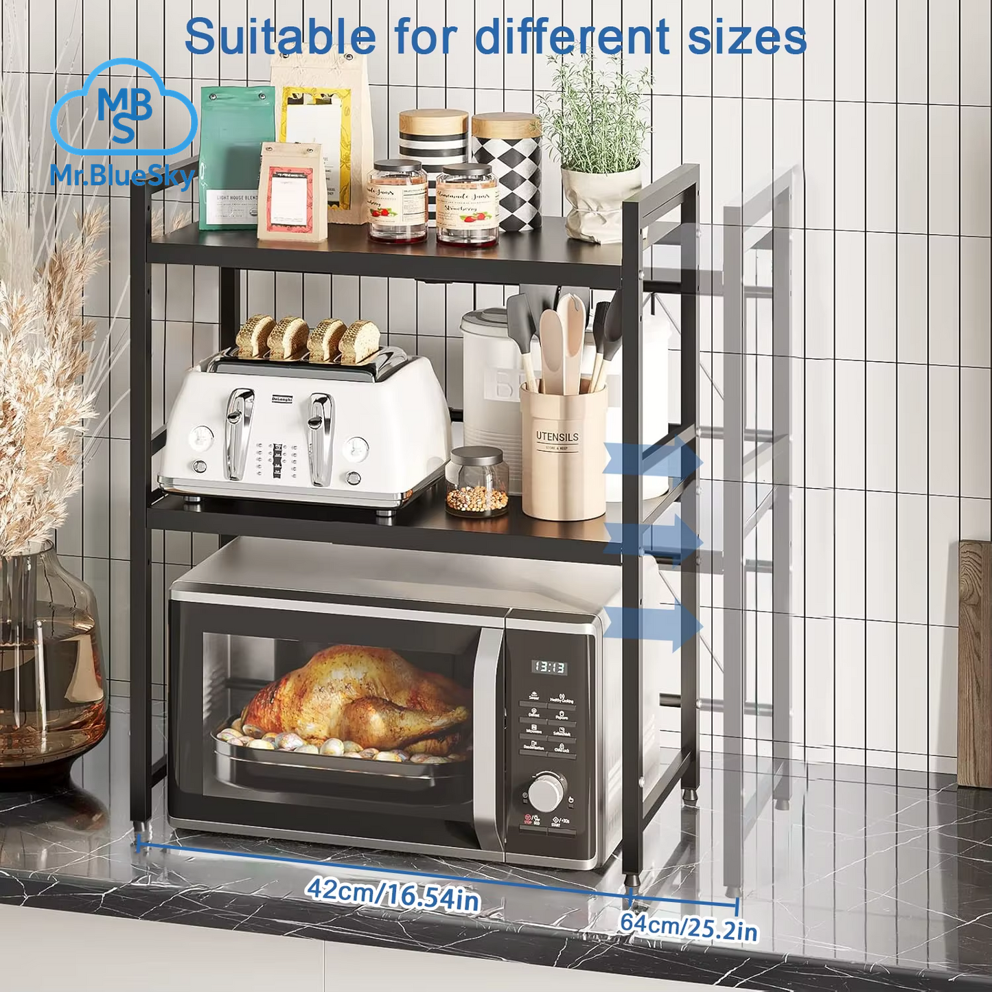 Erweiterbares Mikrowellenherdregal, 2-Stufiges Mikrowellenregal, Mit 6 Haken, Verstellbare Breite, Küchentheke-Organizer, Regalständer