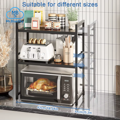 Erweiterbares Mikrowellenherdregal, 2-Stufiges Mikrowellenregal, Mit 6 Haken, Verstellbare Breite, Küchentheke-Organizer, Regalständer