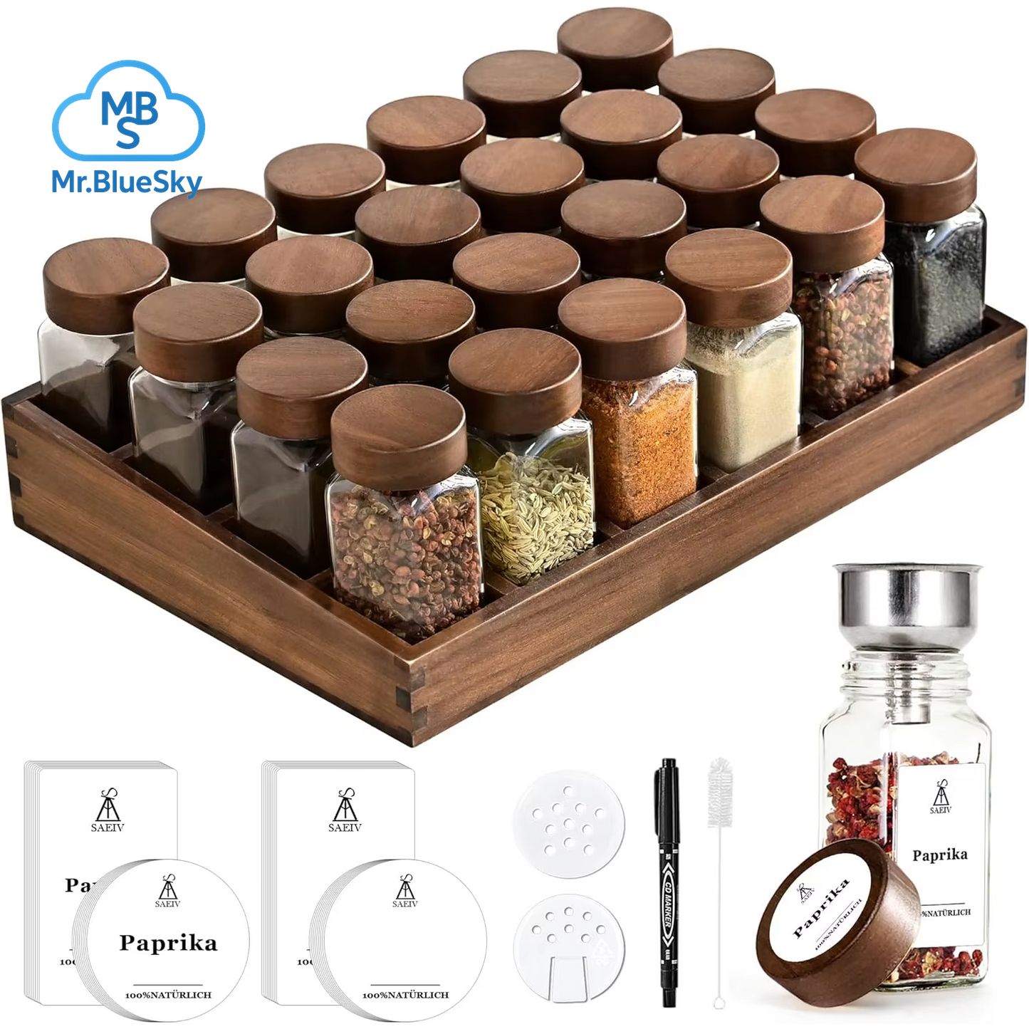 Gewürzregal Aus Akazienholz Mit 12/24 X 120 Ml Gewürzgläsern Und Etiketten | Küchen-Organizer, Leicht Zu Bewegen, Um Gewürze Zu Bewegen