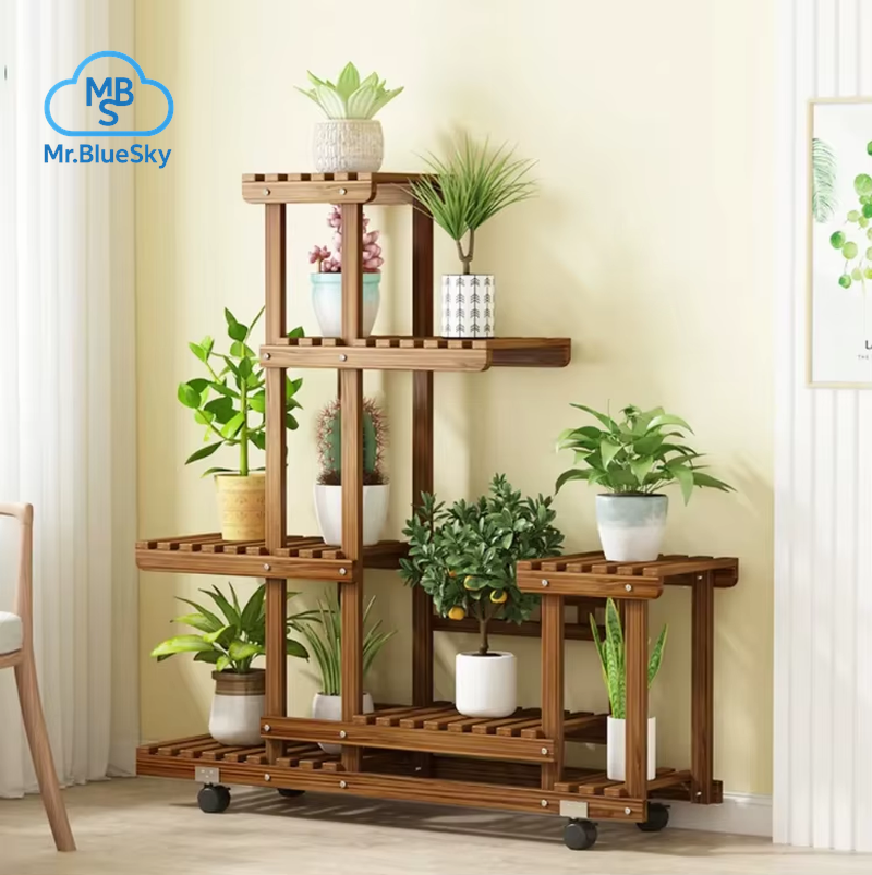 6-Stufiger Pflanzenständer Aus Holz, Vertikal Karbonisiert, Mehrere Halterungen Für Drinnen Und Draußen, Terrasse
