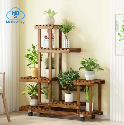 6-Stufiger Pflanzenständer Aus Holz, Vertikal Karbonisiert, Mehrere Halterungen Für Drinnen Und Draußen, Terrasse