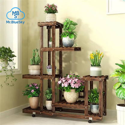 6-Stufiger Pflanzenständer Aus Holz, Vertikal Karbonisiert, Mehrere Halterungen Für Drinnen Und Draußen, Terrasse