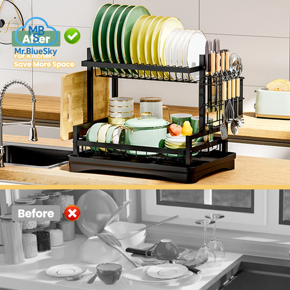 Abtropfgestell, 2-Stufiges, Rostfreies Abtropfgestell Mit Abtropfschale Und Utensilienhalter Mit 360 ° Abflussbrett-Set Mit Drehbarem Auslauf